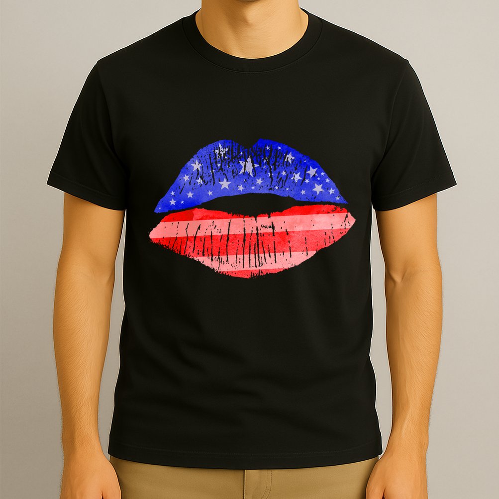USA American Flag Lipstick Print T-Shirt