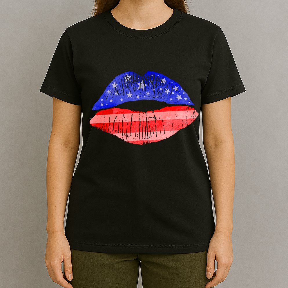 USA American Flag Lipstick Print T-Shirt
