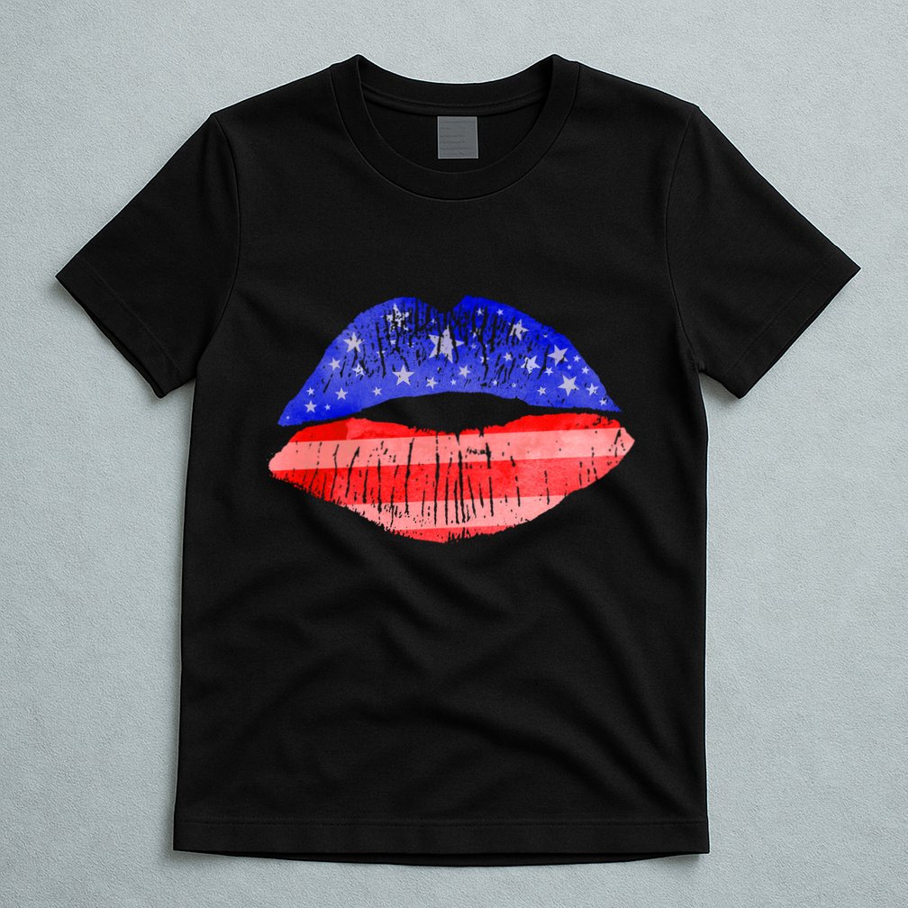 USA American Flag Lipstick Print T-Shirt