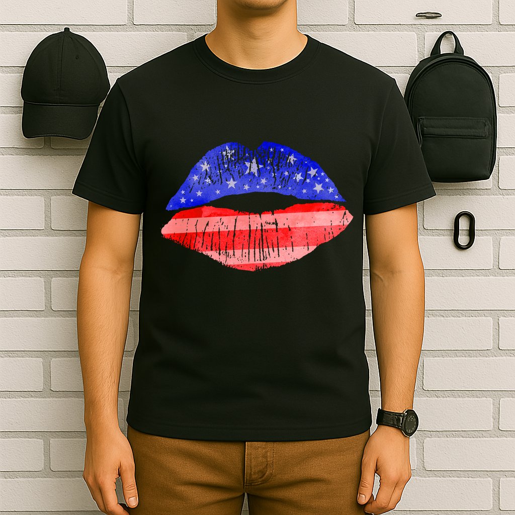 USA American Flag Lipstick Print T-Shirt