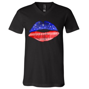 USA American Flag Lipstick Print V-Neck T-Shirt