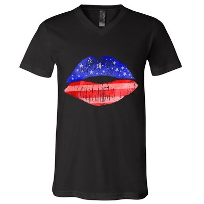 USA American Flag Lipstick Print V-Neck T-Shirt