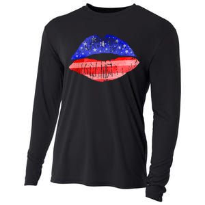 USA American Flag Lipstick Print Cooling Performance Long Sleeve Crew