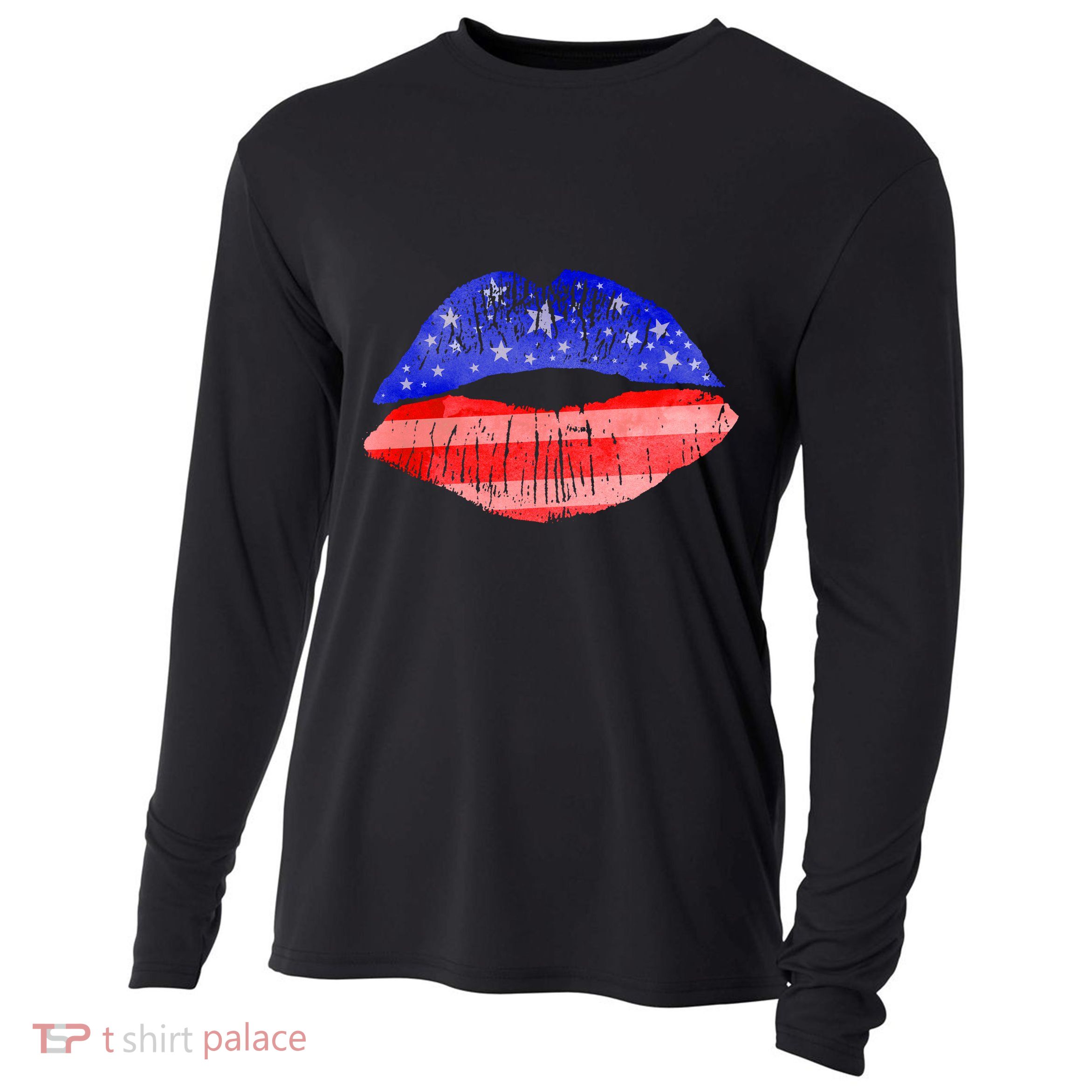 USA American Flag Lipstick Print Cooling Performance Long Sleeve Crew