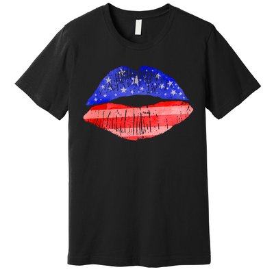 USA American Flag Lipstick Print Premium T-Shirt