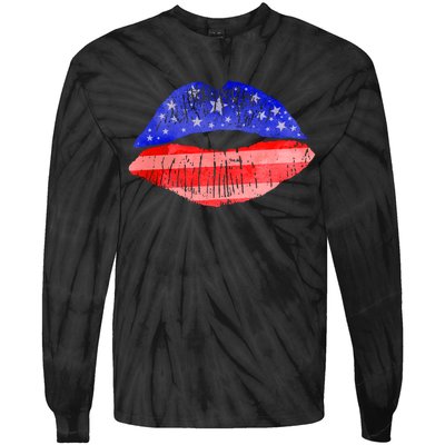 USA American Flag Lipstick Print Tie-Dye Long Sleeve Shirt