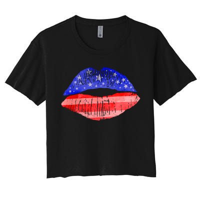 USA American Flag Lipstick Print Women's Crop Top Tee