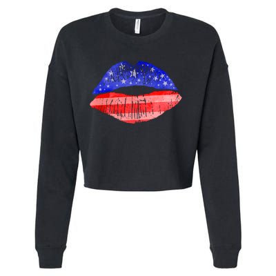 USA American Flag Lipstick Print Cropped Pullover Crew