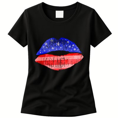 USA American Flag Lipstick Print Womens T-Shirt