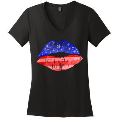 USA American Flag Lipstick Print Women's V-Neck T-Shirt