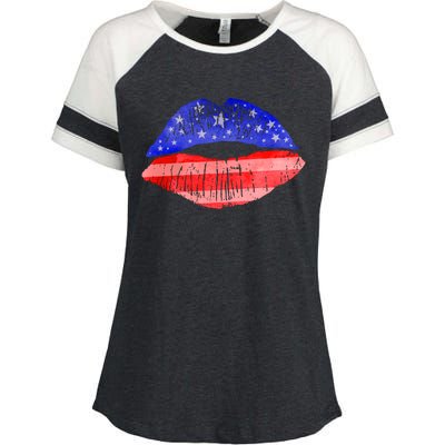 USA American Flag Lipstick Print Enza Ladies Jersey Colorblock Tee