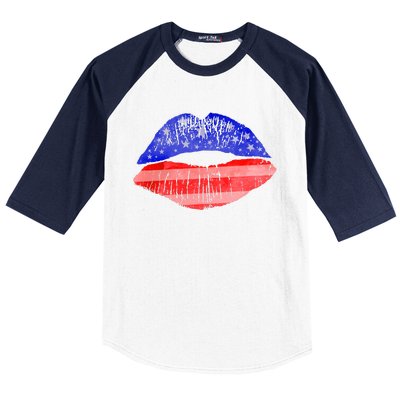 USA American Flag Lipstick Print Baseball Sleeve Shirt