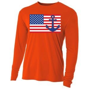 USA American Nautical Anchor Flag Cooling Performance Long Sleeve Crew