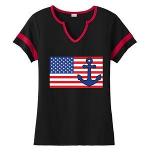 USA American Nautical Anchor Flag Ladies Halftime Notch Neck Tee