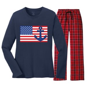 USA American Nautical Anchor Flag Women's Long Sleeve Flannel Pajama Set 