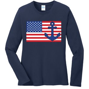 USA American Nautical Anchor Flag Ladies Long Sleeve Shirt