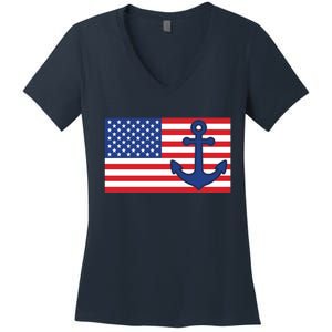 USA American Nautical Anchor Flag Women's V-Neck T-Shirt