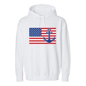 USA American Nautical Anchor Flag Garment-Dyed Fleece Hoodie