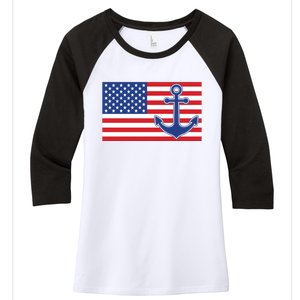 USA American Nautical Anchor Flag Women's Tri-Blend 3/4-Sleeve Raglan Shirt