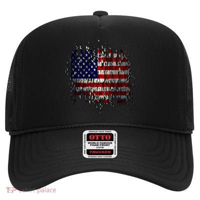 USA American Ripped Torn Flag High Crown Mesh Back Trucker Hat