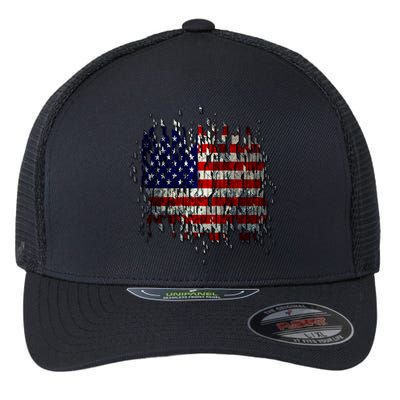 USA American Ripped Torn Flag Flexfit Unipanel Trucker Cap