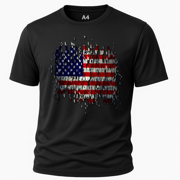 USA American Ripped Torn Flag Cooling Performance Crew T-Shirt
