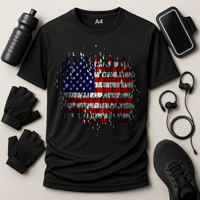 USA American Ripped Torn Flag Cooling Performance Crew T-Shirt