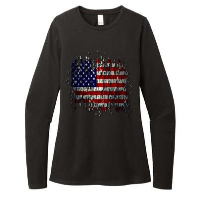 USA American Ripped Torn Flag Womens CVC Long Sleeve Shirt