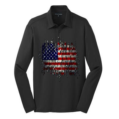 USA American Ripped Torn Flag Silk Touch Performance Long Sleeve Polo