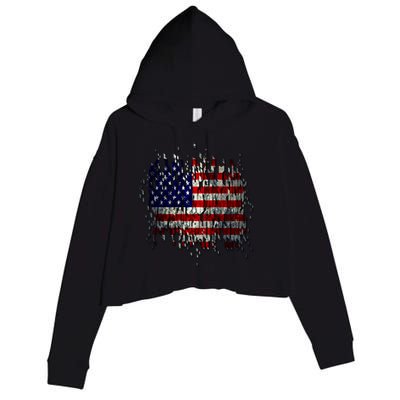 USA American Ripped Torn Flag Crop Fleece Hoodie