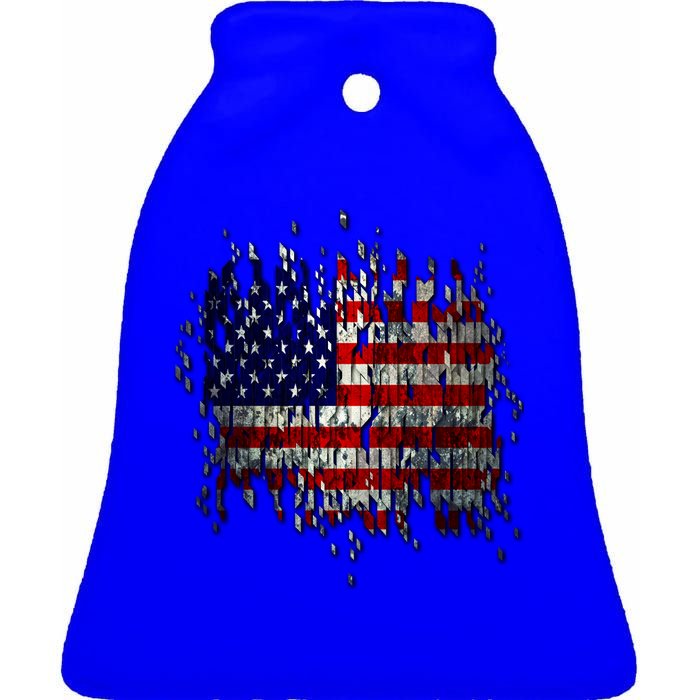 USA American Ripped Torn Flag Ceramic Bell Ornament