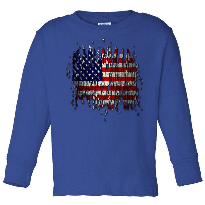 USA American Ripped Torn Flag Toddler Long Sleeve Shirt