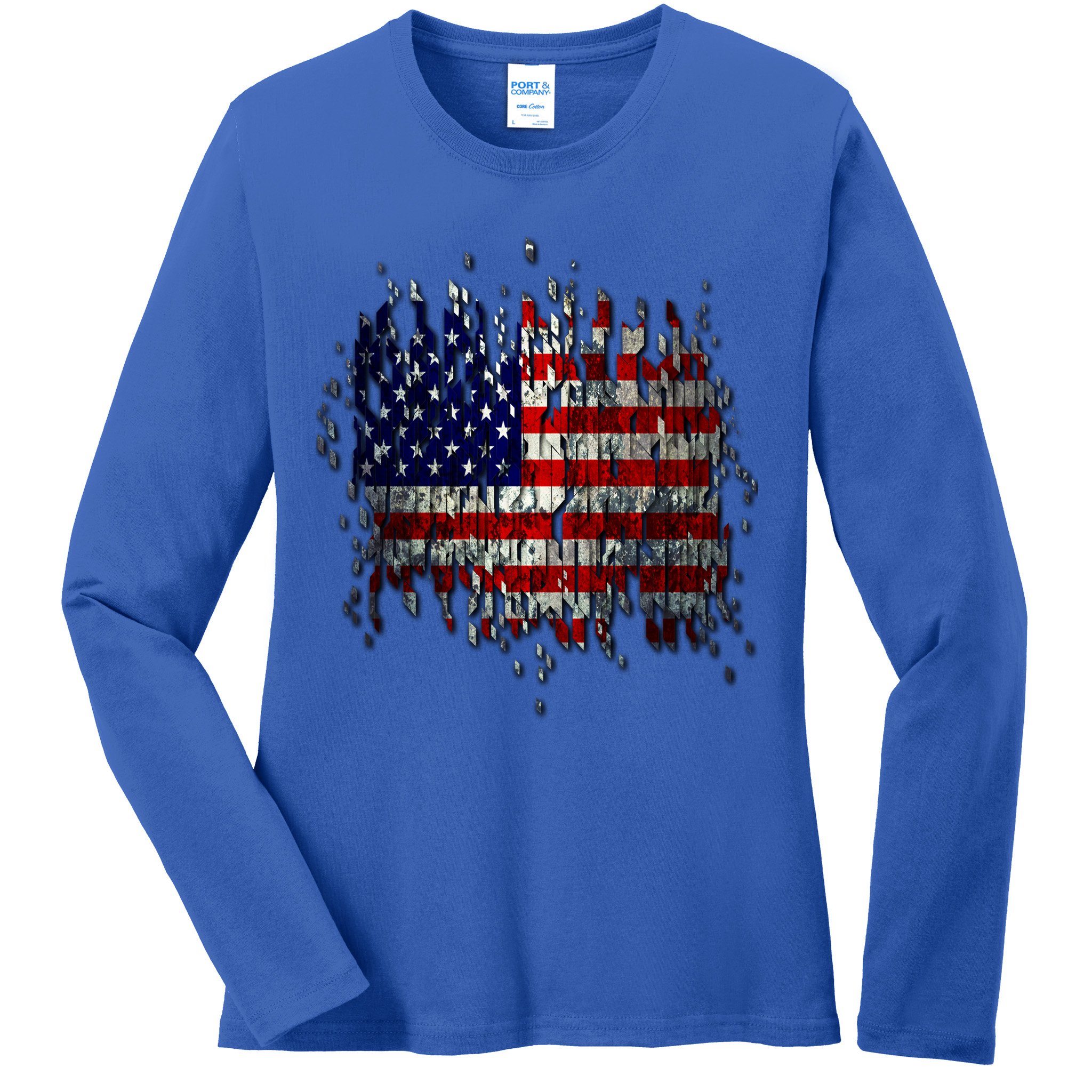 USA American Ripped Torn Flag Ladies Long Sleeve Shirt