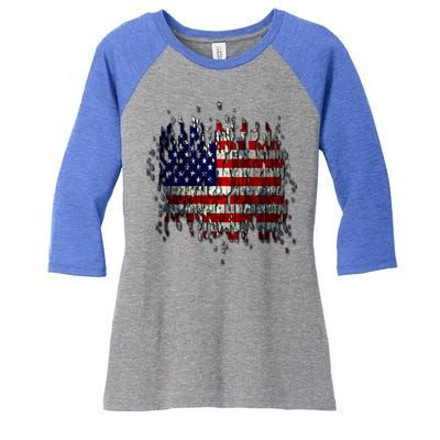 USA American Ripped Torn Flag Women's Tri-Blend 3/4-Sleeve Raglan Shirt