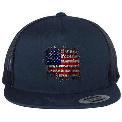 USA American Ripped Torn Flag Flat Bill Trucker Hat