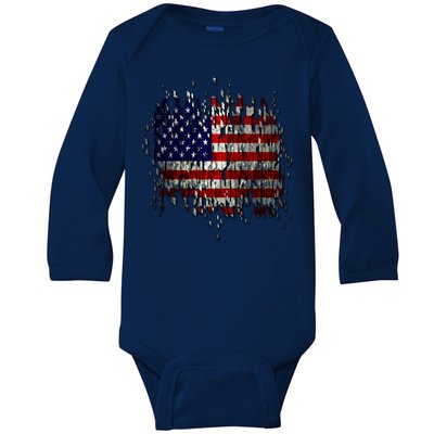 USA American Ripped Torn Flag Baby Long Sleeve Bodysuit