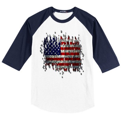 USA American Ripped Torn Flag Baseball Sleeve Shirt