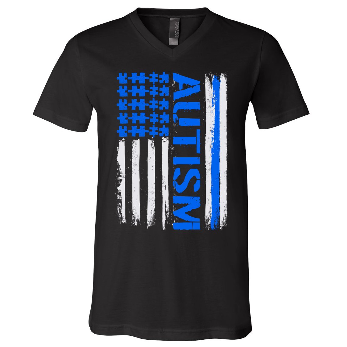 USA Autism Awareness Puzzle Flag V-Neck T-Shirt