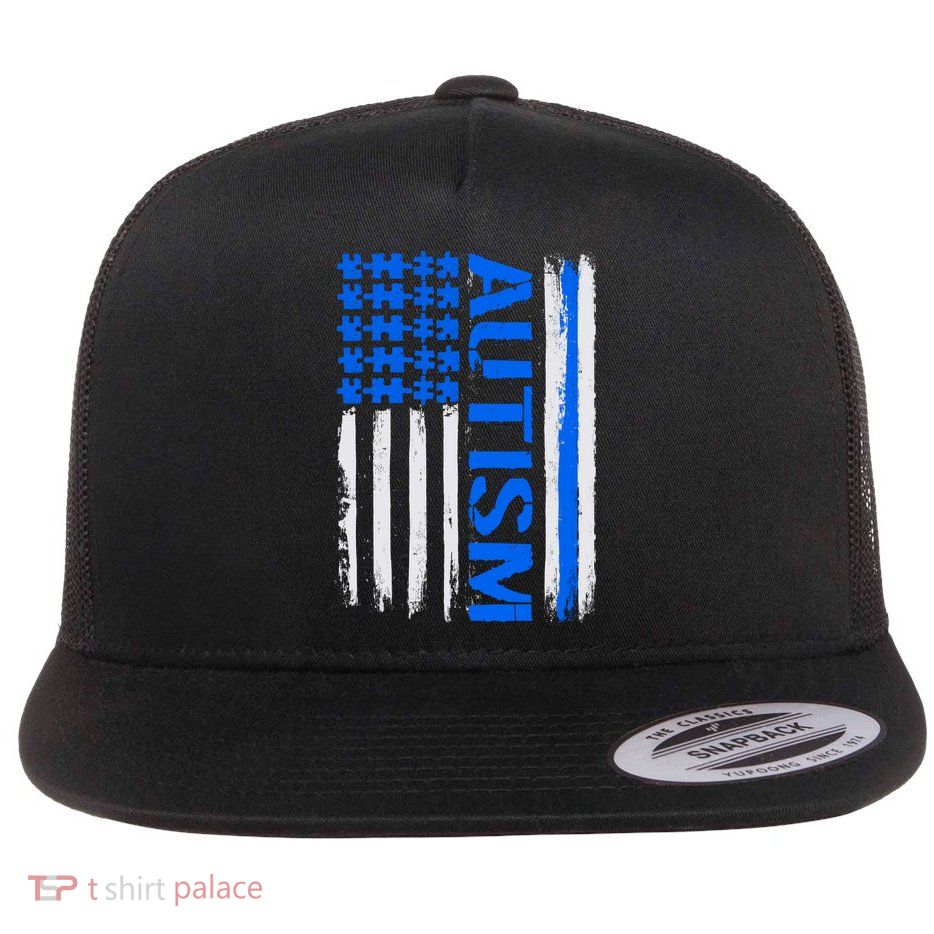 USA Autism Awareness Puzzle Flag Flat Bill Trucker Hat