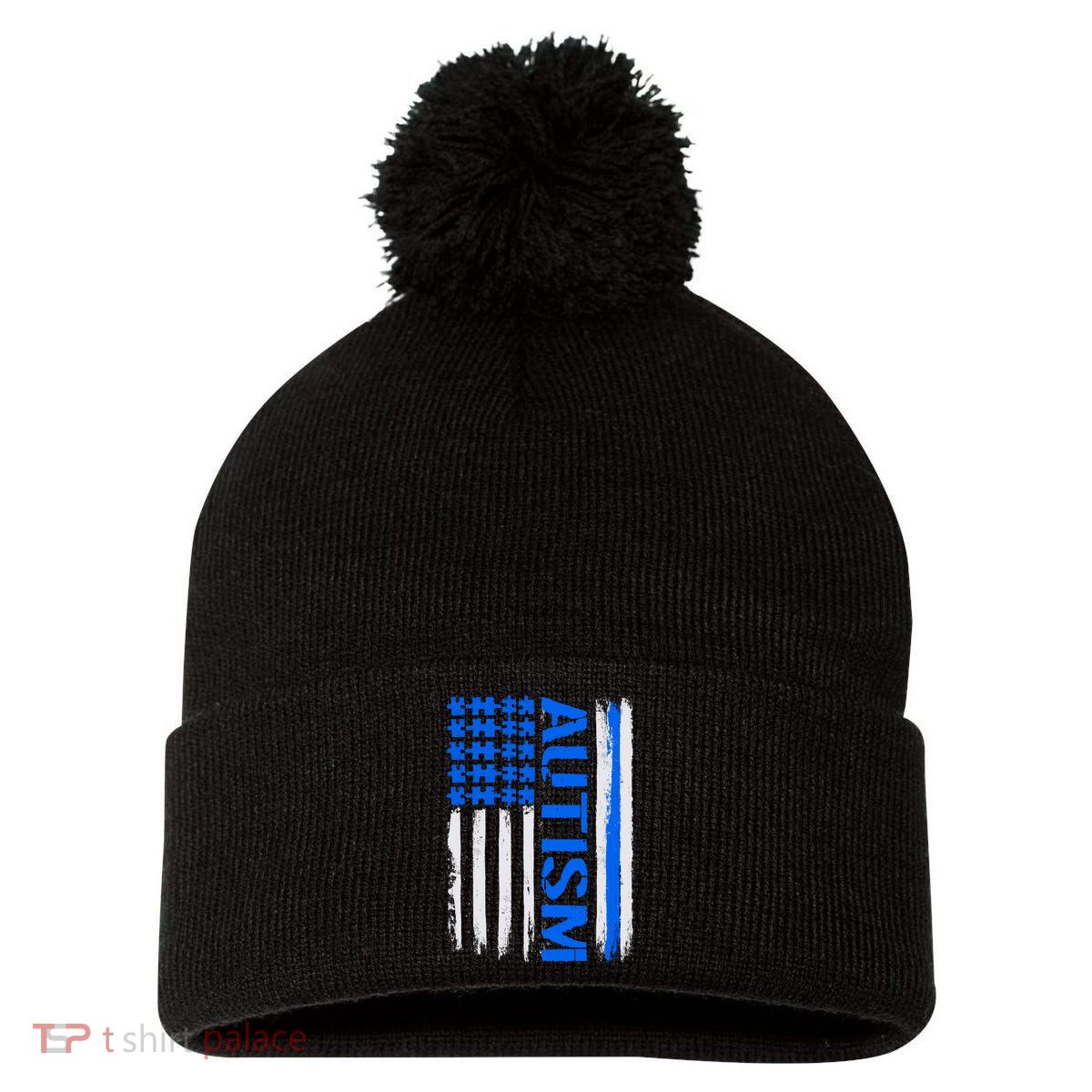 USA Autism Awareness Puzzle Flag Pom Pom 12in Knit Beanie