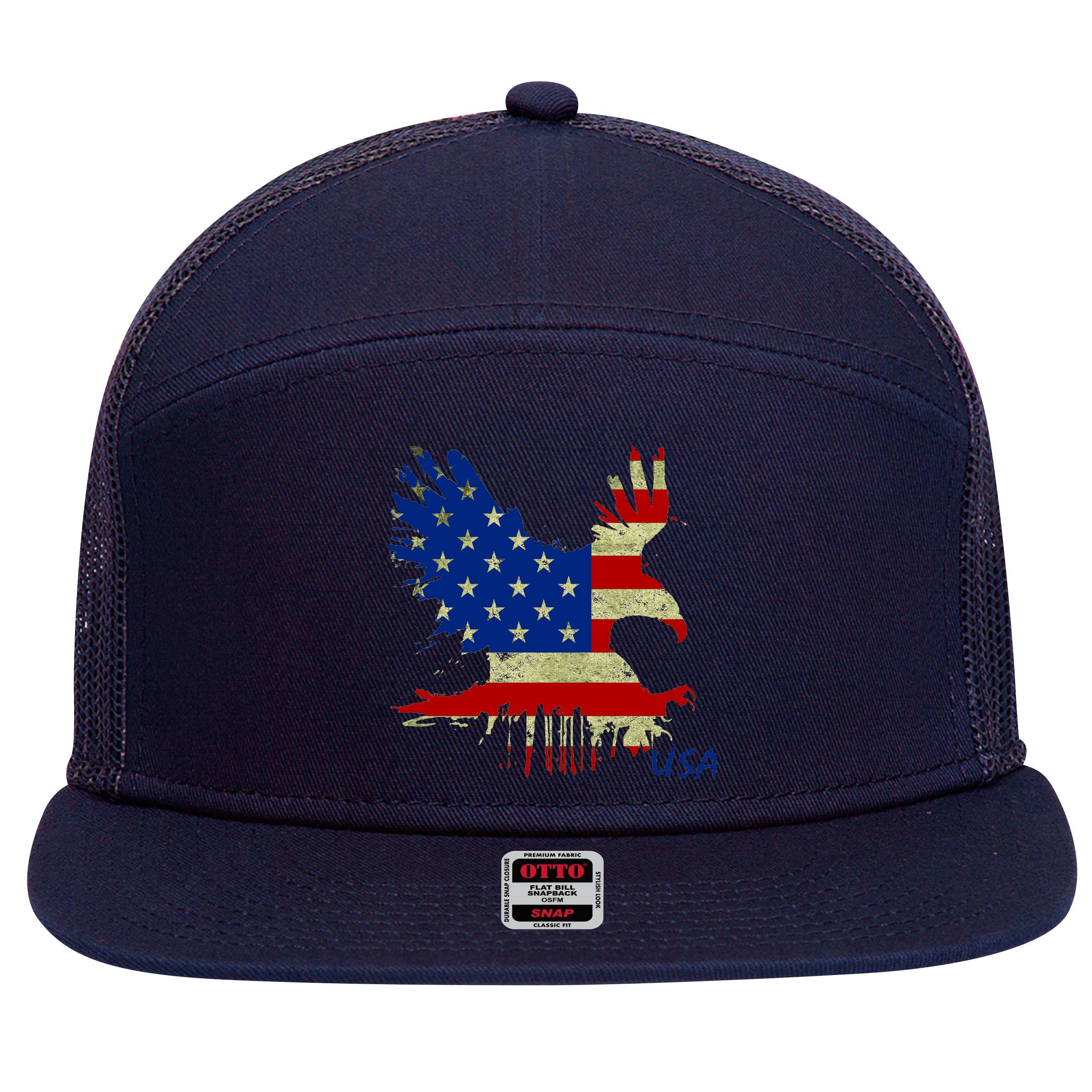 USA Bald Eagle Flag Drip 4th of July 7 Panel Mesh Trucker Snapback Hat