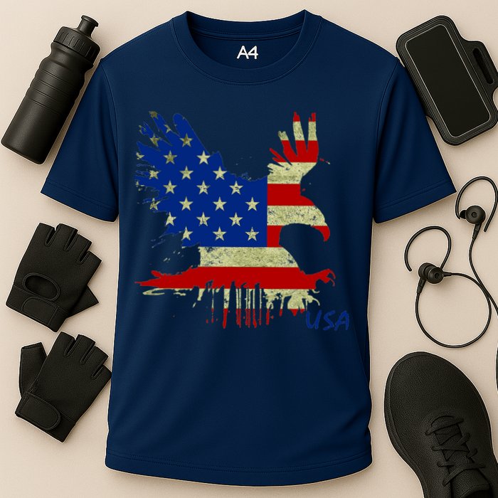 USA Bald Eagle Flag Drip 4th of July Cooling Performance Crew T-Shirt