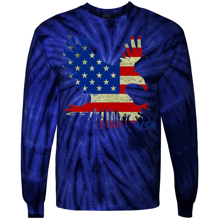 USA Bald Eagle Flag Drip 4th of July Tie-Dye Long Sleeve Shirt