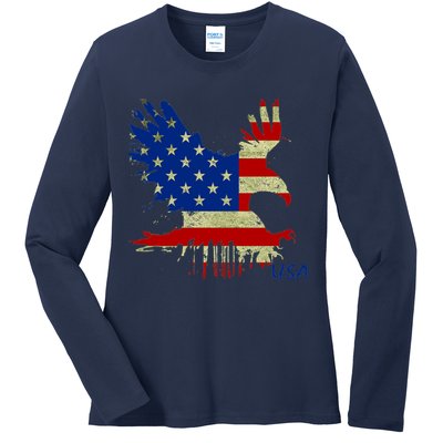 USA Bald Eagle Flag Drip 4th of July Ladies Long Sleeve Shirt