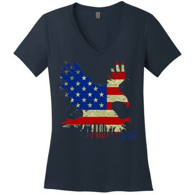 USA Bald Eagle Flag Drip 4th of July Women's V-Neck T-Shirt