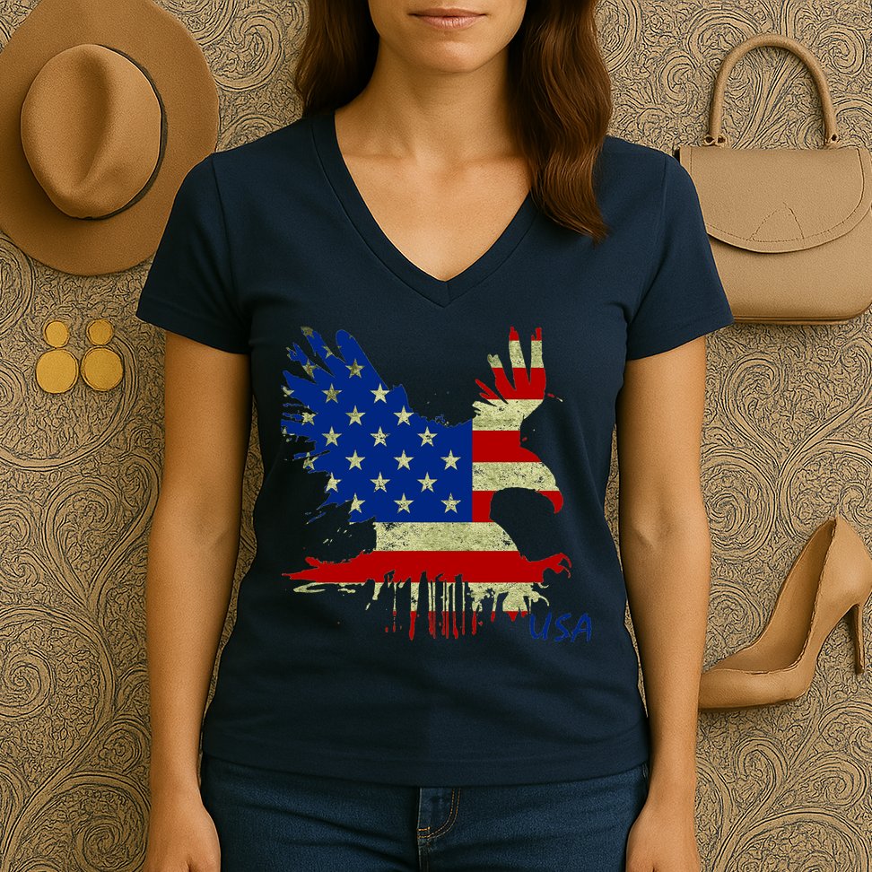 USA Bald Eagle Flag Drip 4th of July Women's V-Neck T-Shirt
