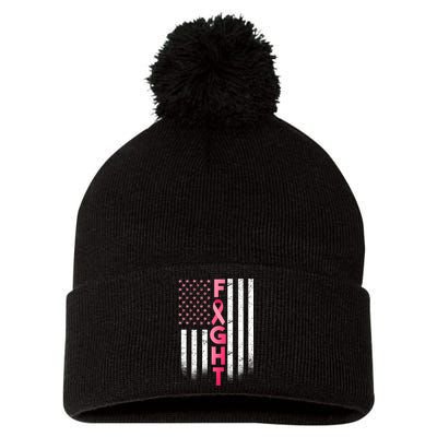 USA Breast Cancer Awareness Fight Logo Pom Pom 12in Knit Beanie