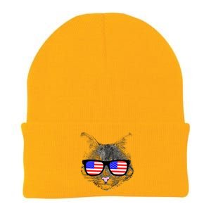 USA Cat Wearing American Flag Glasses Knit Cap Winter Beanie