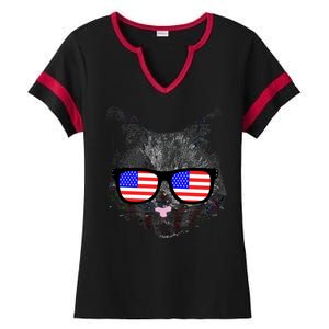 USA Cat Wearing American Flag Glasses Ladies Halftime Notch Neck Tee