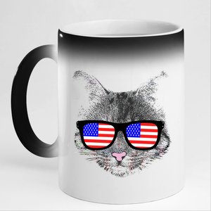 USA Cat Wearing American Flag Glasses 11oz Black Color Changing Mug